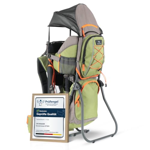Dromader Kraxe Children's Hiking Carrier Back Carrier Sun Canopy & Thermal Bag | Aluminiumrahmen · 3D-Opti-Fit-Tragesystem · Regen- & Sonnendach, Wickelmatte · Bis 22 kg · Olivgrün