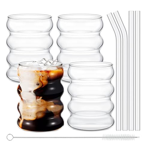 VITEVER Set 4 Bicchieri Onda Da 530 Ml Con Cannucce In Vetro E Spazzola - Ideale Per Bubble Tea E Cocktail - 6