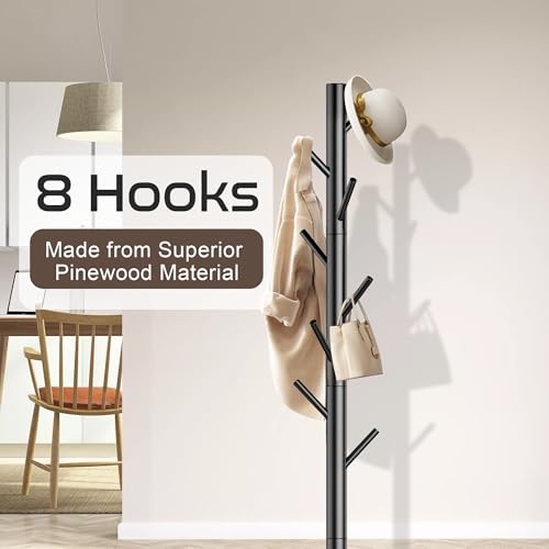 Aliphon Wooden Coat Rack Stand, Freestanding Coat Rack with 8 Hooks, 3 Adjustable Size Coa - image 2
