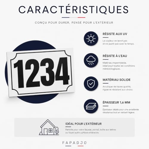 Fapadjo Plaque Numéro Maison Personnalisable Acrylique 15x10 cm (Blanc/noir) – vue 3