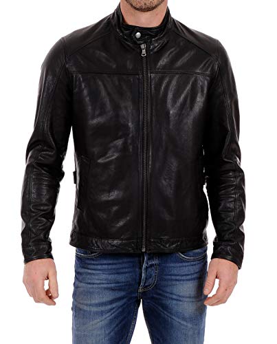 Image of 100% Leather Jacket for Men - Round Collar Slim Fit - Moto, Bomber, Biker Winter Casual Wear