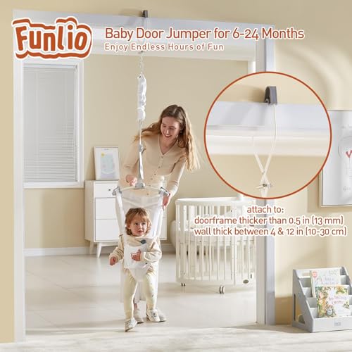 Image of FUNLIO Baby Door Jumper for 6-24 Months (with Door Clamp), Bearing 40 Lbs, Baby Jumper Doorway with Strong Spring & Adjustable Strap, Portable Infant Baby Bouncer, CPC & CE Certified - White