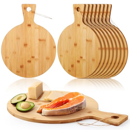 Juego de 10 tablas redondas de cortar de bambú con mango miniatura 1