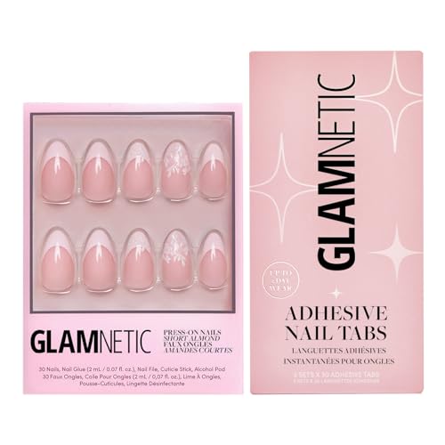 Glamnetic Press-On Nails & Adhesive Nail Tabs - All Time Love | Short Almond Fake Nails with French Tips and Leaf Accents | 15 Sizes - 30 Nail Kit with Adhesive Tabs