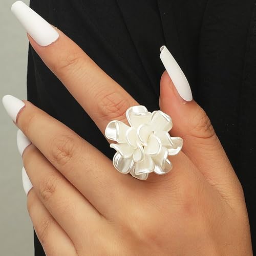 Rrdaily White Acrylic Petal Flower Open Ring for Women,Dainty Statement Floral Adjustable Camellia Ring,Sweet Wedding Anniversary Prom Jewelry Gifts2