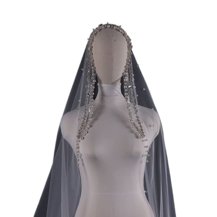Velo de Novia Colección de Boda Perlas Cuentas Velos Rhinstone Tocado de Novia Boda (Color : Ivory, Size : 300cm)
