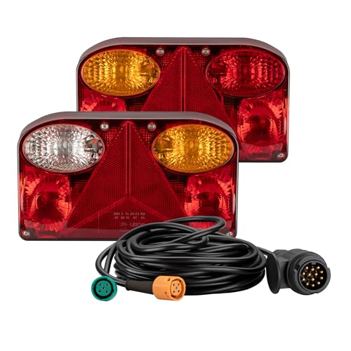 WilTec Feux arrière pour remorque – 235 x 135 x 52 mm – 2 pièces – 5 fonctions – avec Câble 5 m et Fiche 13 broches – Lampes 12 V – Éclairage de sécurité routière