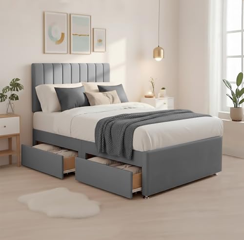 BED TIME UK - Juego de cama diván de felpa de lujo, marco de cama de primera calidad con colchón de espuma viscoelástica de resorte y elegante cabecero vertical de 20 pulgadas, almacenamiento de 2