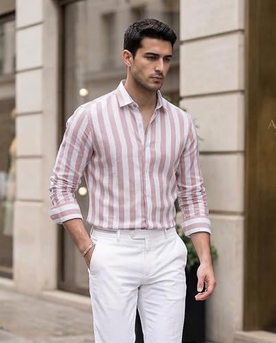 Image of IndoPrimo Men's Striped Cotton Shirt | Slim Fit Stylish Casual Shirt for Man | Full Sleeve Summer Wear Vertical Stripe Shirt for Office, Vacation