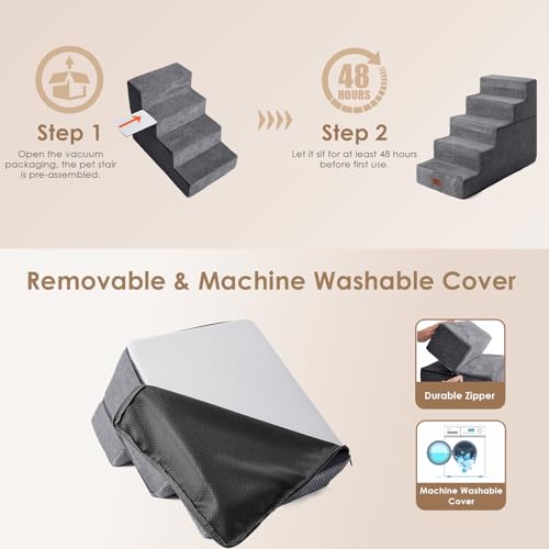 Image of EHEYCIGA Dog Stairs for High Bed 22.5 inch H, 5-Step Dog Steps for Bed, Pet Steps for Small Dogs and Cats, Non-Slip Balanced Pet Ramp Indoor, Grey