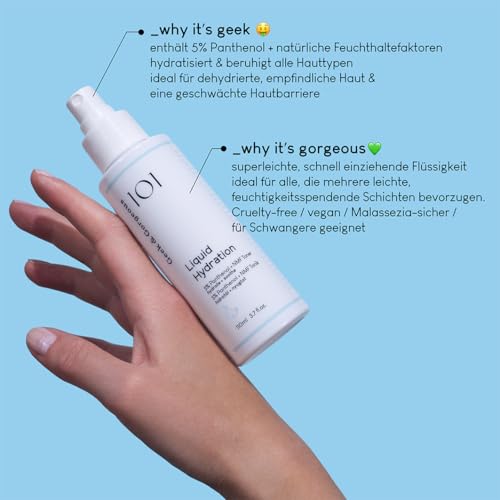 Geek & Gorgeous LIQUID HYDRATION - Hydrierendes Gesichtsspray mit 5% Panthenol und natürlichen Feuchtigkeitsfaktoren - für alle Hauttypen - 110 ml Sprühflasche