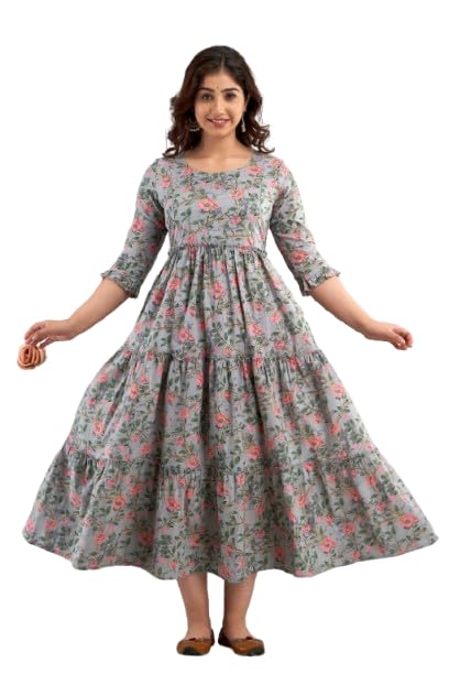 Women Maternity Dress | Grey Pink Flower Print Cotton Blend Feeding Friendly Long Gown | 3/4 Sleeve Tiered Ethnic Maxi Dress for Pregnancy, Casual,Everyday Wear-image-37