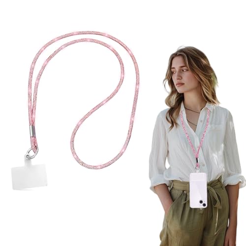 Lanières de Téléphone en Bandoulière, Cordon Telephone avec Patch, Femmes Antivol Sangle de Suspension Telephone, Strass Sangle de Cou pour Téléphone Compatibles avec Plupart des Smartphones (Rose)