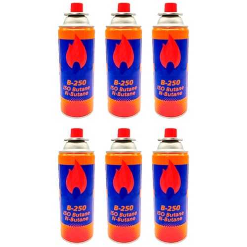 Tradineur - Pack de 6 cartuchos de gas isobutano, bote, bombona, recarga de gas para cocina portátil, camping, acampada, 220 gr