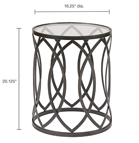 Madison Park Arlo Accent Tables For Living Room, Glass Top Hollow Round, Small Metal Frame Geometric Eyelet Pattern Luxe Modern Stylish Nightstand Bedroom Furniture, Black #TOP2