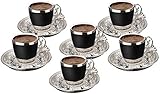 (Set of 6) Demmex Turkish Greek Arabic Coffee Espresso Demitasse Cup Saucer Spoon Set, Black Cups (Silver)