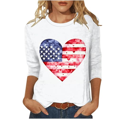 Image of Fourth of July Shirts for Women 3 /4 Sleeve Summer Tops American Flag Print T Shirt Patriotic 4th of July Shirts 2025