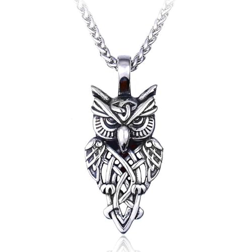 Collier scandinave hibou vintage et nœud celtique aux détails gravés