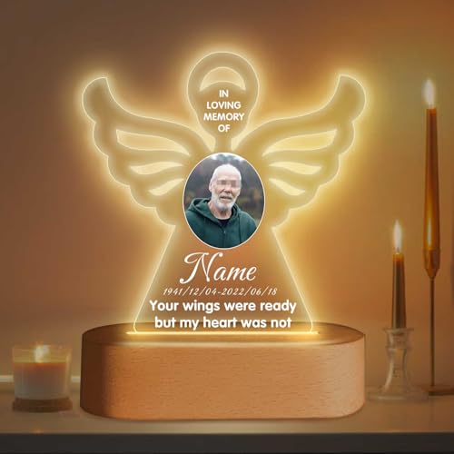 Dicodes Personalized Memorial Gift Photo Night Light Customized Light Up Acrylic Plaque Lamp Sympathy Bereavement Remembrance Gift(Angel Wing)