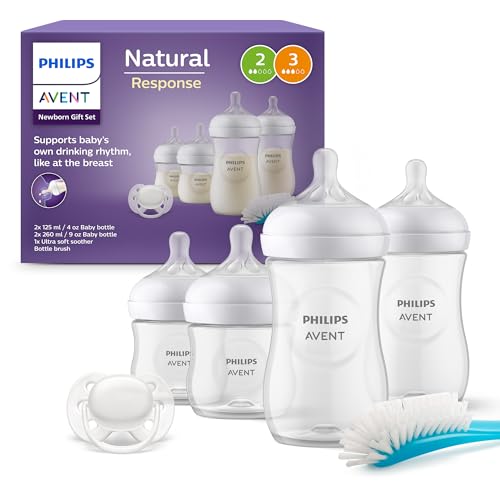 Philips Avent Kit biberons pour nouveau-né – 4 biberons Réponse Naturelle, sucette ultra-douce et goupillon pour les bébés âgés de 0 à 12 mois (modèle SCD838/11)