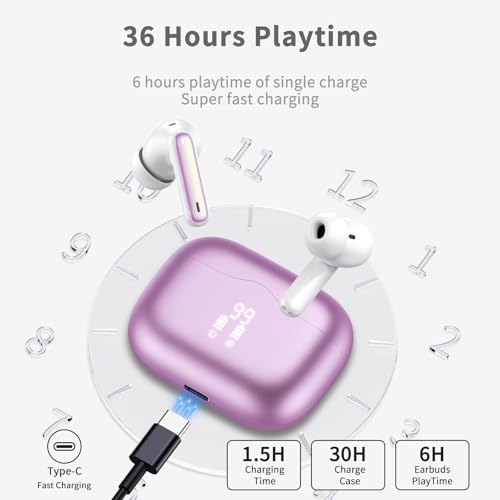 Image of Wireless Earbuds, 2026 Bluetooth 5.4 Ear Buds in Ear with 4 ENC Noise Cancelling Mic, New Wireless Earphones HiFi Stereo Deep Bass 40H Playtime, In-Ear Bluetooth Earbuds LED Display IP7, Violet