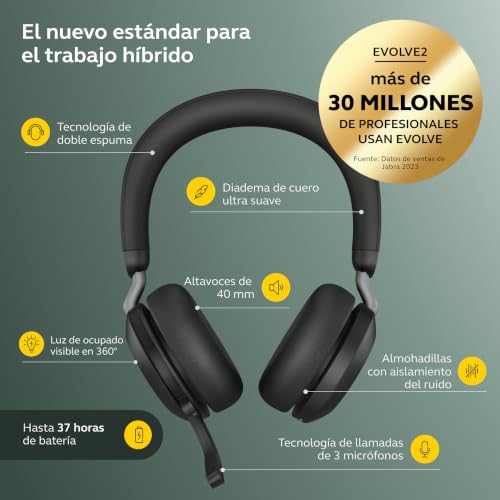 Jabra Evolve2 65 Wireless PC Headset – Noise Cancelling UC Certified Stereo Headphones With Long-Lasting Battery – USB-C Bluetooth Adapter – Black - 4