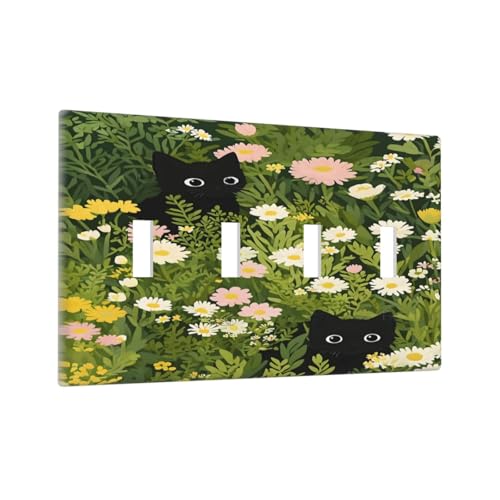 Decorative Switch Covers Plate Funny Cute Black Cat Colorful Flower Green Plant 4 Gang Wall Plate Oversized Quad Toggle Light Switch Plate Jumbo Faceplate for Bedroom Home Decor