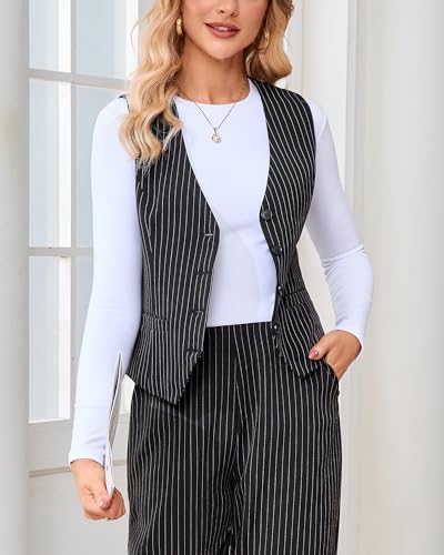 Women's Striped Suit Vest Top V Neck Sleeveless Button Down Business Formal Waistcoat Crop Tank Tops4