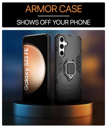 Image of WOW IMAGINE Shock Proof Back Case Mobile Cover for Samsung Galaxy S23 FE 5G | Back Cover Case (Tough Armor | Hybrid PC + TPU | Ring Holder & in-Built Kickstand | Black)
