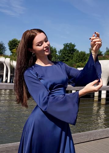 Modest Satin Maxi Dress for Women Long Sleeve Floor Length Evening Gown Hijab Friendly A-Line Empire Waist2