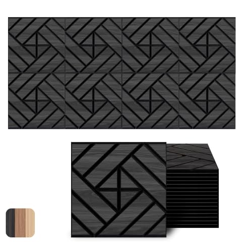 Image of WoveN SounD Acoustic Wall Panels, Black Oak, 16 Pack, 12x12 in | Self-Adhesive, NRC 0.95, Carved Pattern, Sound Proof, Echo Reduction, Sound Dampening, Home Studio, Office, Gaming Room