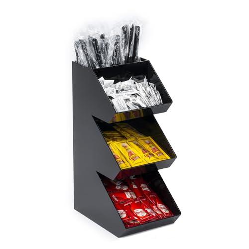 Inevibe Condiment Holder Stand - 3 Tier Compartment for Condiments, Sauce Packets, and Coffee Station Organizer for Bar, Restaurant, Cafe, Home - Black Acrylic Caddy Storage Rack