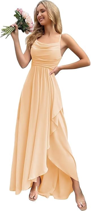 Women's Spaghetti Straps Chiffon Bridesmaid Dresses with Slit for Wedding Cowl Neck Long Bridesamid Dress with Pocket