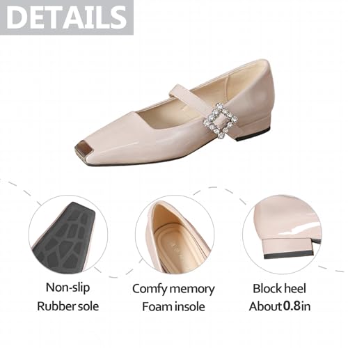 Womens Metal Square Toe Low Heel Mary Jane Shoes with Rhinestones Buckle Fashion Diamonds Decor Chunky Block Heel Dress Pumps for Party Prom Dress Daily Work Office3