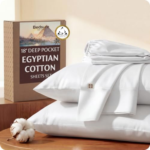 Bedsure 100% Giza CEA Certified Egyptian Cotton Sheets - 18 Deep Pocket King Size Hotel Sheets with 4 Corner Straps PureWoven All-Season Breathable Comfort Softens After Wash Thick & Sturdy(White)