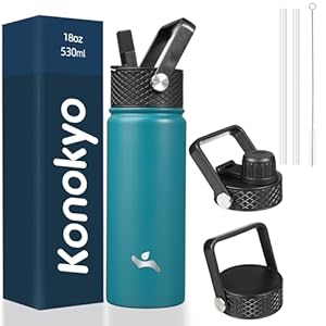 18 oz Insulated Water Bottle Stainless Steel Sport Bottles with 3 Lids,Light Blue