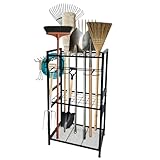 Garden Tool Storage Rack, 35 Slots Garden Tool Organizer with Hooks, Shed Storage Organiser for Long Handle Tools, Garage Rack with Adjustable Feet, Indoor Outdoor Shed Storage Solutions, Black
