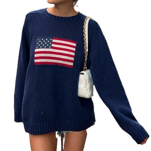 Image of Womens American Flag Sweater Long Sleeve Crew Neck Star Graphic Knit Pullover Tops Casual Loose USA Sweater