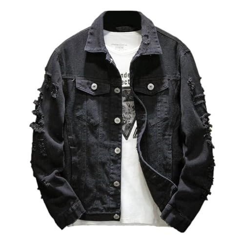 ebossy Men's Ripped Long Sleeve Fashion Distressed Motorcycle Denim Jean Jacket (XX-Large, Black)
