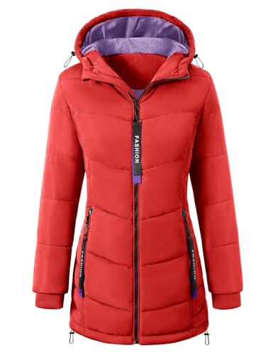CMTOP Wintermantel Damen Warme Steppmantel Dicker Winterjacke Herbst Winter Steppjacke Parka Lang Reißverschluss Damen-mäntel Casual Winterparka mit Kapuze, Taschen(Rot, XL)