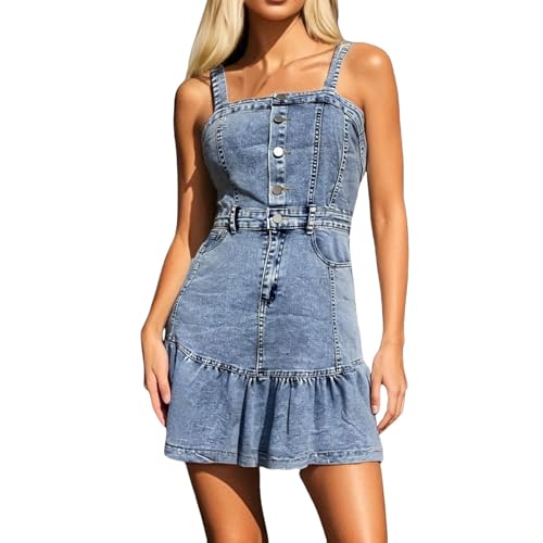 Vestido Mujer Talla Grande-Vestido Vaquero Sin Mangas con Cuello Cuadrado para Mujer, Ajustado, con Botones Y Minivestido Vaquero con Volantes Vestido Mono Mujer