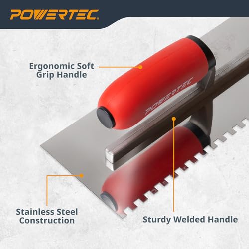 Image of POWERTEC Stainless Steel Trowel with 1 /4 inch x 1 /4 inch Square Notch, Soft Grip Handle for Cement, Concrete, Masonry Tile Installation Work (72180)