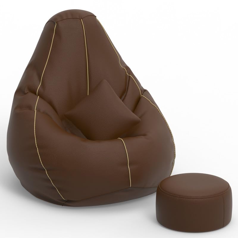 Image of Biggie Bean Bag Chair with Beans Filled 6XL The Evergreen Classics Bean Bag-with 3D Highlights-Styled for Elegance with Free Cushion & Footrest (Matching Color : 3D Piping Brown Cream)
