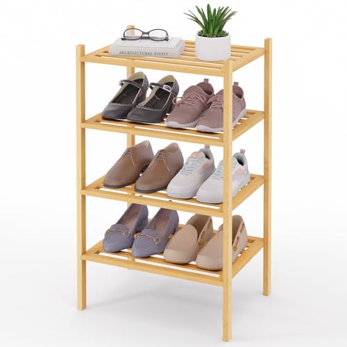 Image of Smiry Bamboo Shoe Rack, 5 Horizontal Slats, 4 Tier - 17.3 inch Wide, Natural