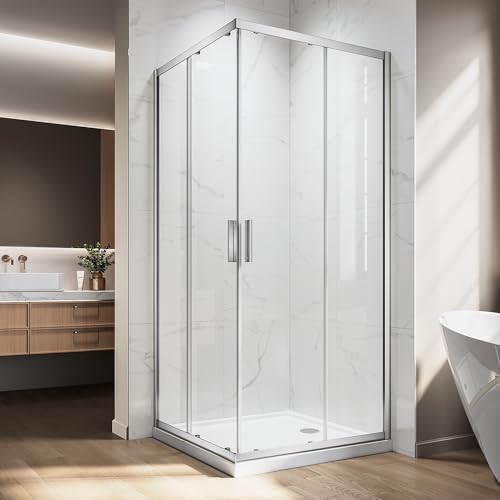 Corner Shower Enclosure 34\" L X 34\" W X 76\" H. Double Corner Sliding Shower Door With 1/4 In Nano-Coated Tempered Glass,Shower Glass Doors In Brushed Silver Hardware Kit for Upgrade Your Bathroom