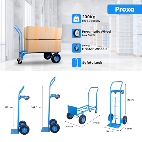 Image of PROXA 200 kg 2 in 1 Multi-Use Convertible Steel Hand Truck Trolley | Pneumatic Wheels and Swivel Casters | Material Handling Cart for Warehouse, Industry, Office and Home Use