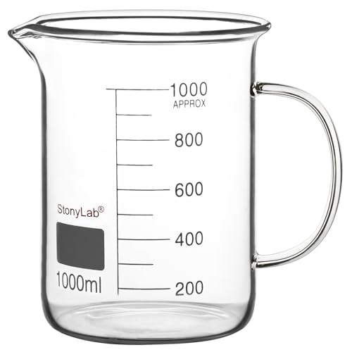 Image of stonylab Glass Beaker with Handle, Borosilicate Glass Graduated Low Form Griffin Beaker with Handle and Pouring Spout, 1000 ml