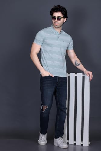 Image of GODFREY Striped Tshirt Shirts Men Cotton Polo T Shirt for Man with Pocket - Regular Fit Half Sleeve Collar T Shirts for Men