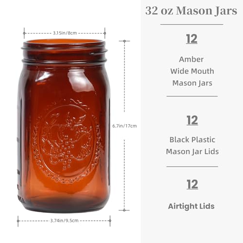 Jumterlee 12 Pack 32 oz Amber Mason Jars, Wide Mouth Mason Jars with Lids and Bands and 12 Black Plastic Mason Jar Lids, Canning Jars Used for Canning, Pickling, Juice, Jam, Jelly