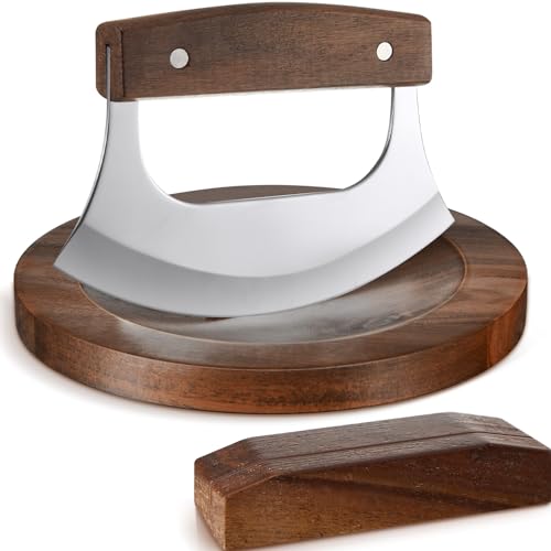 2 Pcs Mezzaluna Ulu Knife and Cutting Board Set Rocker Chopper Slicer Cutter with Stand Cutting Board Mezzaluna Chopper Alaskan Ulu Knife Kit for Onion Vegetable Mincing Tool(Walnut Wood)